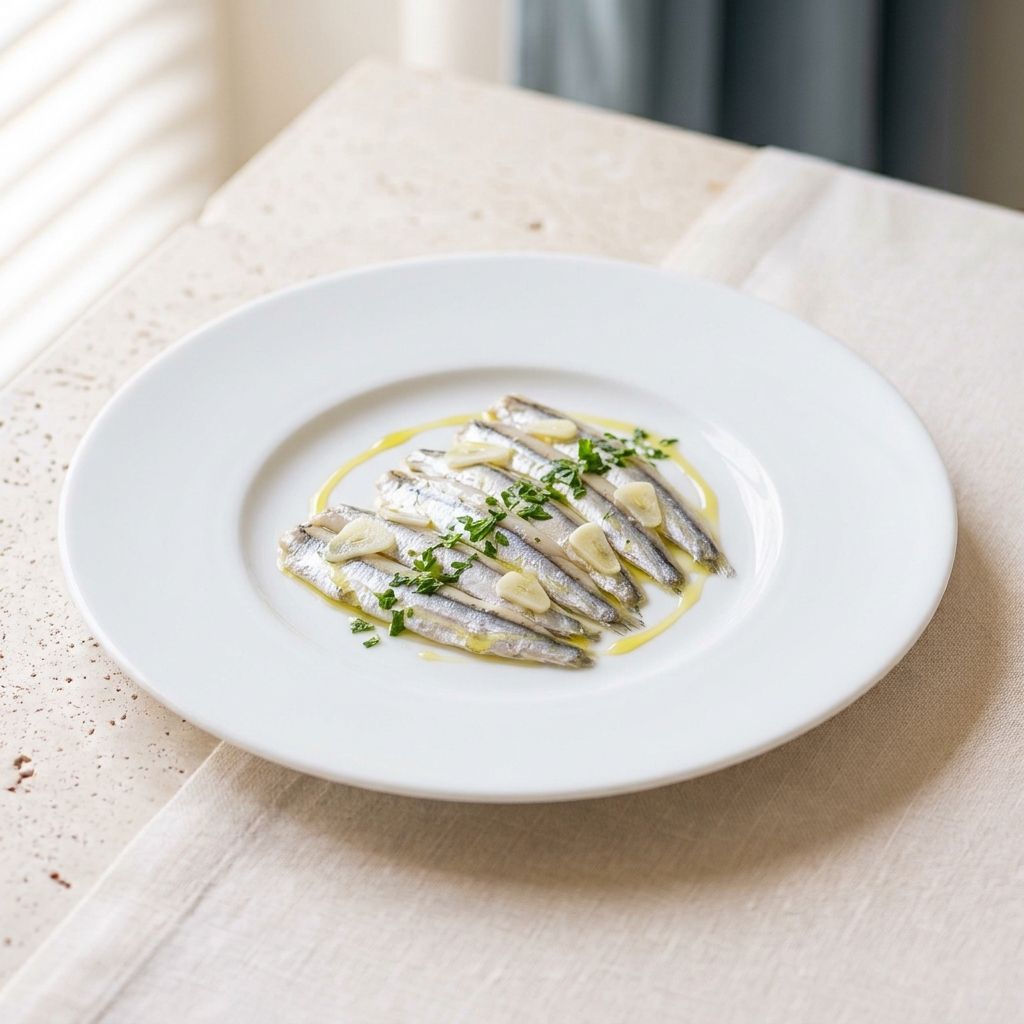 Boquerones en vinagre con ajo laminado y perejil