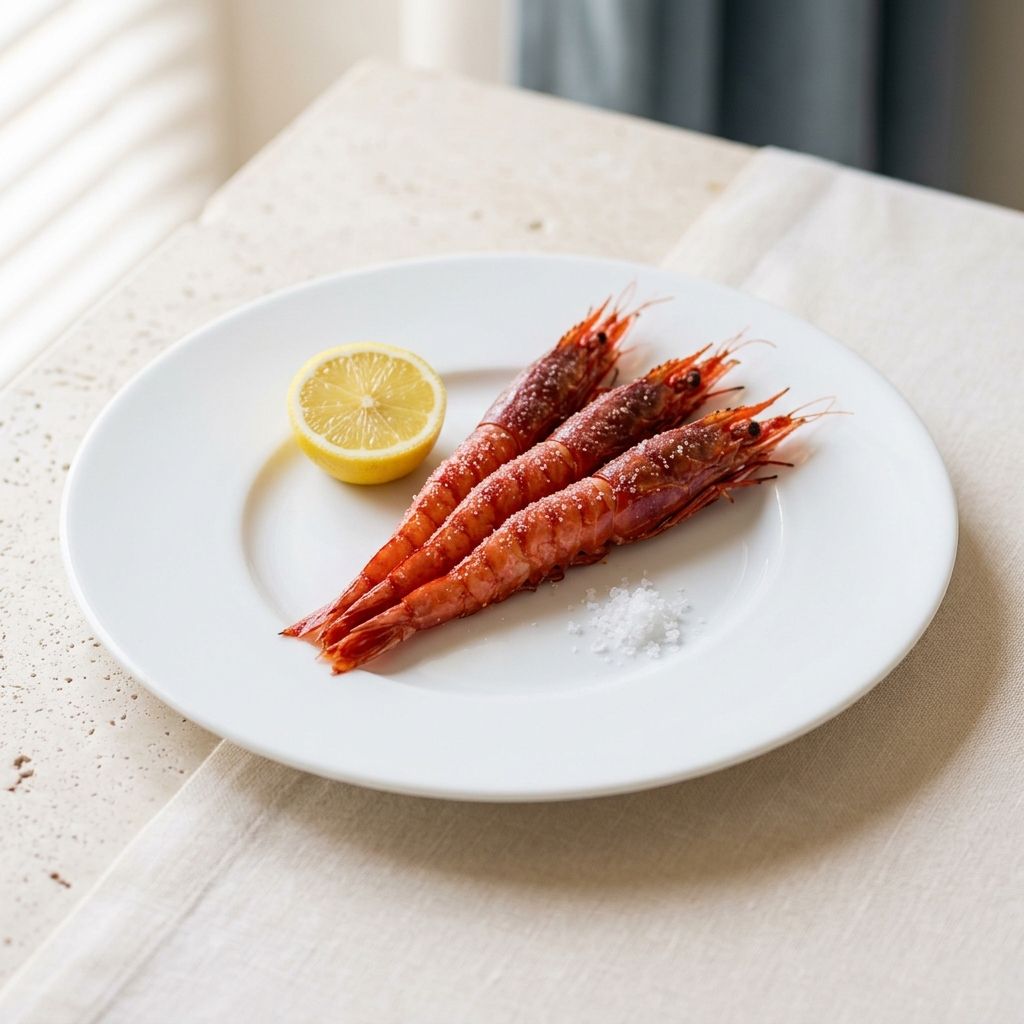 Tres gambas rojas a la sal con medio limón