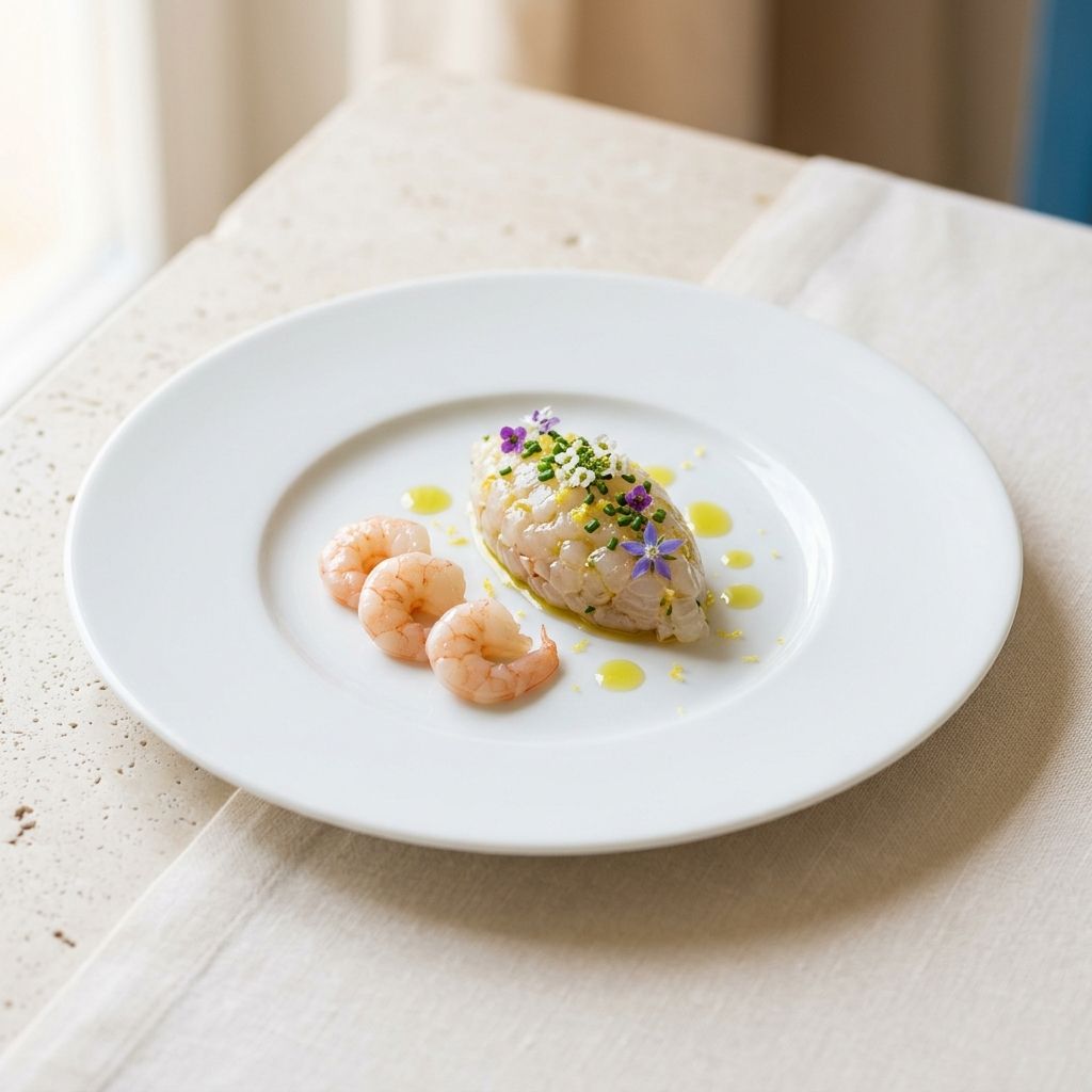 Tartar de pescado con quisquillas de Fuengirola en plato blanco