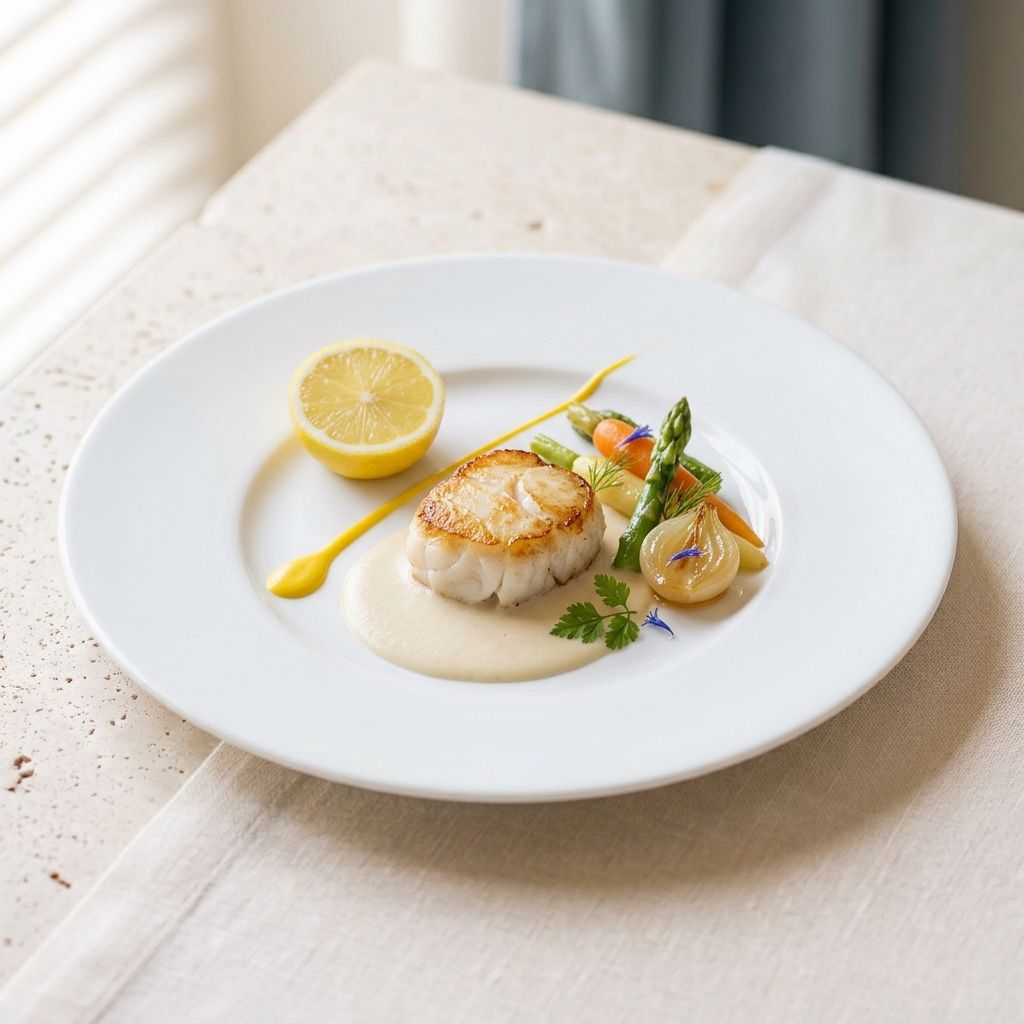 Medallón de rape dorado con crema y verduras